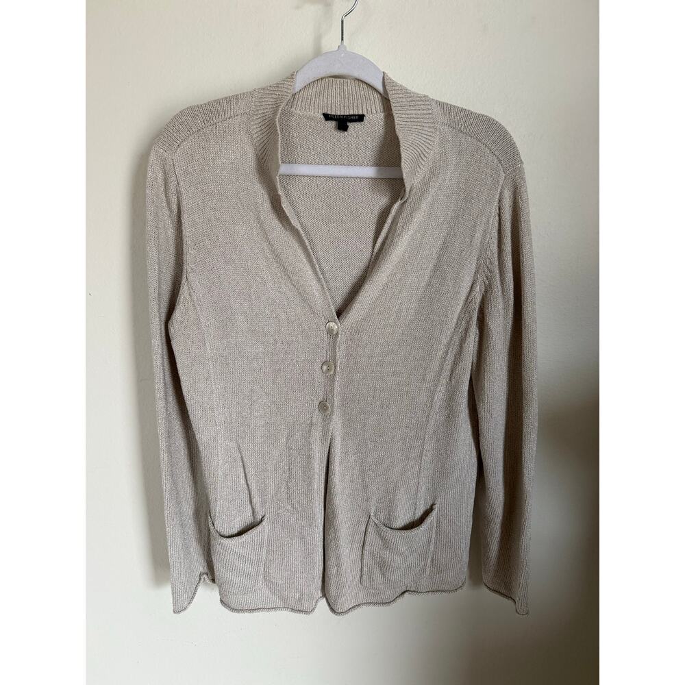 Eileen Fisher Silk Blend Cream Color Full Button Cardigan Sz Large Cottage-core‎